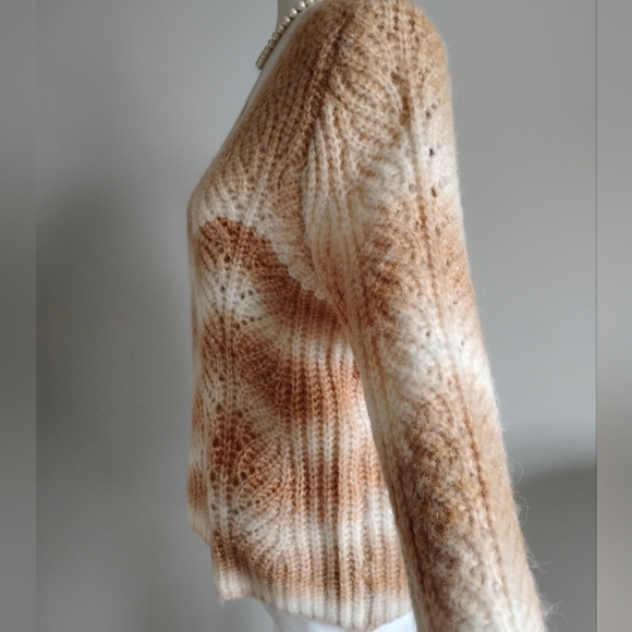 LOFT Wool Blend Chunky V-Neck Tawny Tan Carmel Cream Stripe Sweater Size… - Picture 6 of 15